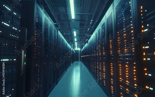 A modern data center filled with racks of servers, technology and cybersecurity concept