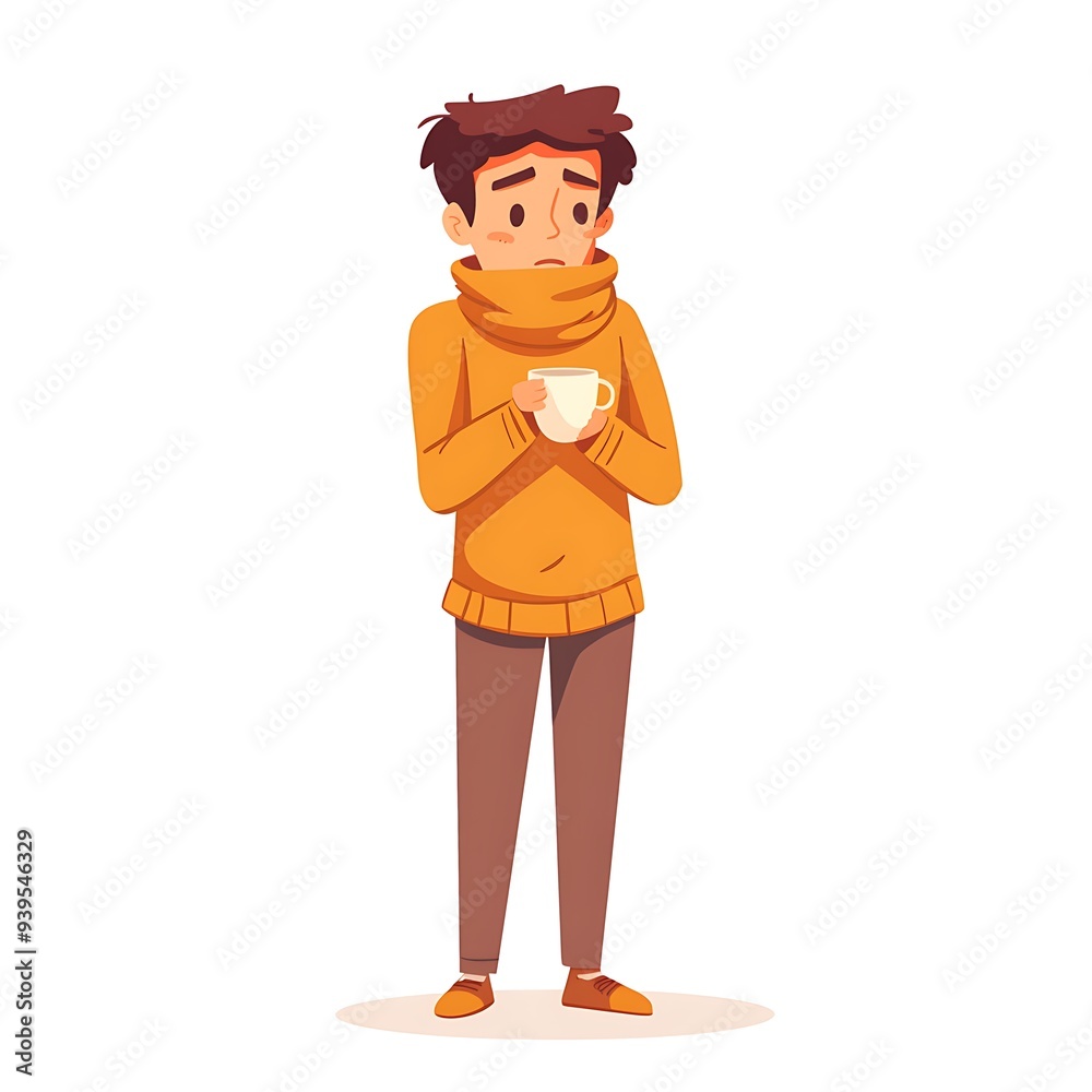 Cartoon Character with Sore Throat Holding Warm Water Cup | Uncomfortable Person with Throat Pain on White Background Cartoon Character with Sore Throat Holding Warm Water Cup | Uncomfortable Person with Throat Pain on White Background