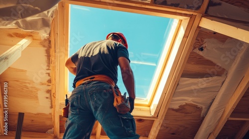 Skylight Installation. A Group of Men Installing Skylight on a Roof