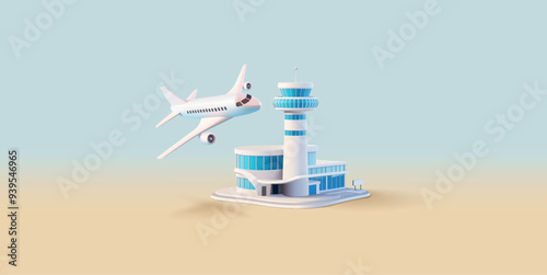 3D modern airport building, passenger plane. Banner for design and advertising concepts of passenger transportation, international airports, buying and selling tickets. Vector