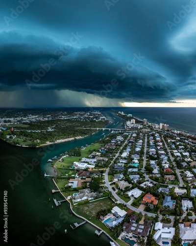 Fotografía Aerial view of Heavy Storm front moving offshore over Coastal Jupiter, Town in F