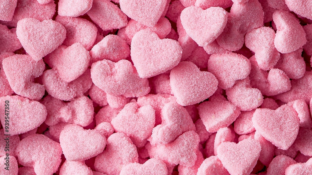 A close-up shot of a pile of pink heart-shaped sprinkles. A close-up shot of a pile of pink heart-shaped sprinkles.