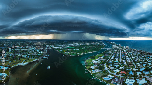 Heavy clouds of a storm front over the Loxahatchee River and the city of Jupiter in early August. Rain is visible, which pours out of the clouds on the city photo