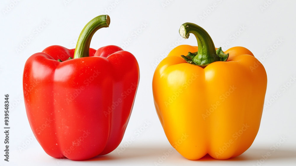 Two bell peppers, one red and the other yellow, on a white background Two bell peppers, one red and the other yellow, on a white background
