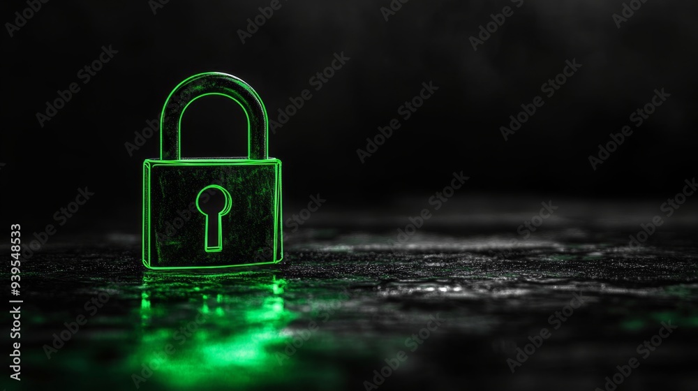 Fototapeta premium Neon Green Padlock on Dark Background
