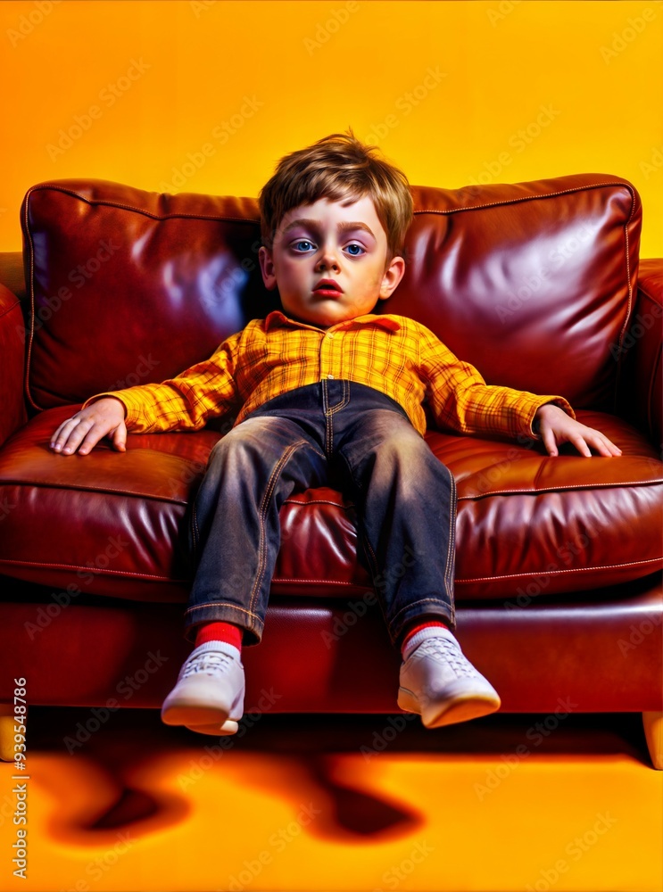 A young boy sits passively on a brown leather couch against a bright orange backdrop in an indoor setting. Generative AI A young boy sits passively on a brown leather couch against a bright orange backdrop in an indoor setting. Generative AI