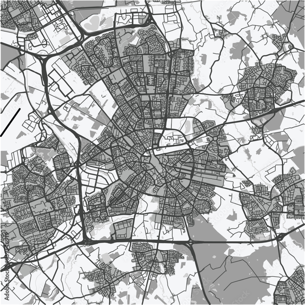 Obraz premium Map of Eindhoven in Netherlands in grayscale. Contains layered vector with roads water, parks, etc.