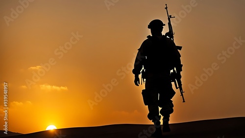 Silhouette of a Soldier at Sunset