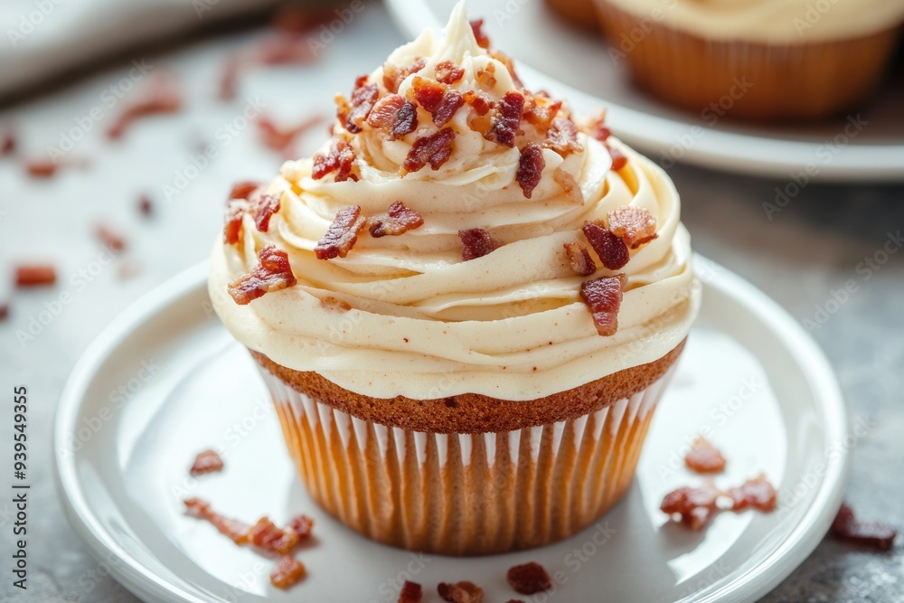 Bacon Cupcake. Delicious Baked Cupcake with Bacon Topping on Plate Bacon Cupcake. Delicious Baked Cupcake with Bacon Topping on Plate
