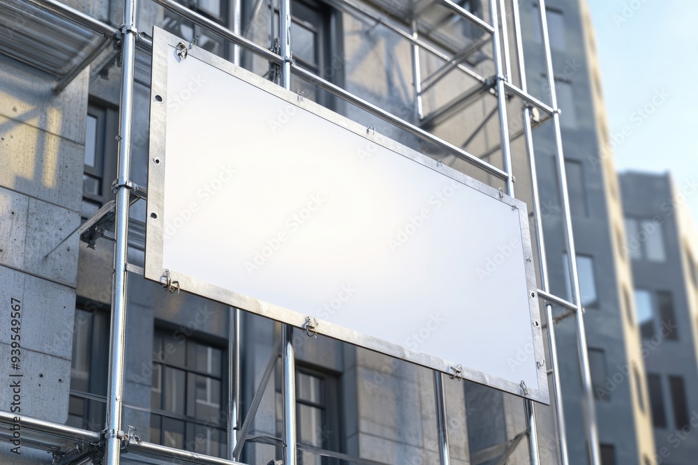 Fototapeta premium Banner With Grommets. Empty Billboard Frame Design on Scaffolding Mockup