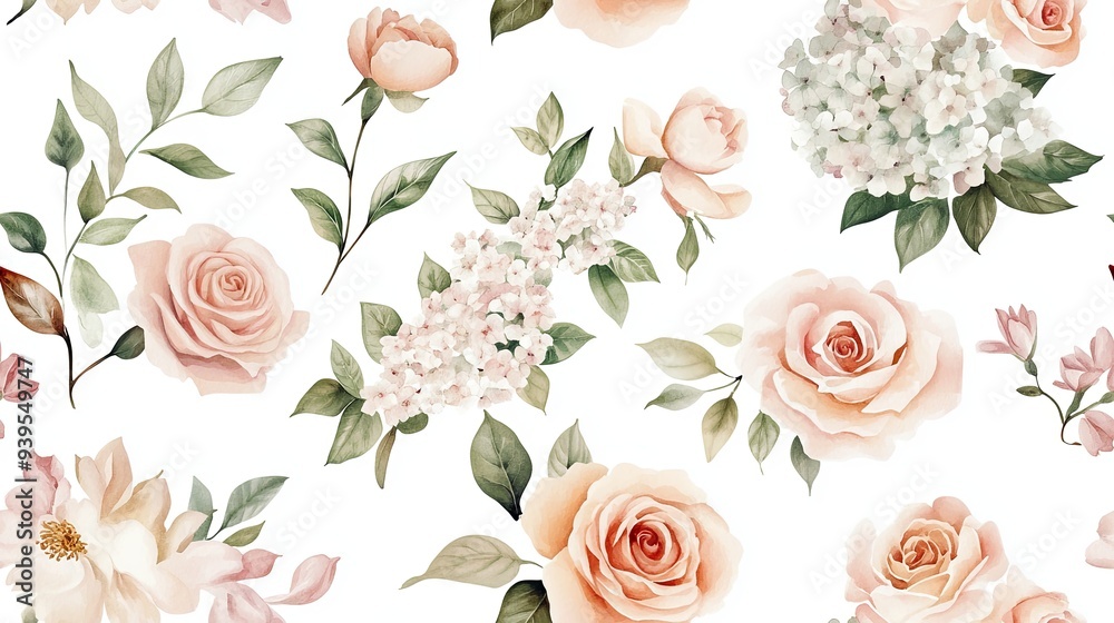 A seamless pattern of delicate blush pink roses, hydrangeas, and other floral elements against a white background. A seamless pattern of delicate blush pink roses, hydrangeas, and other floral elements against a white background.