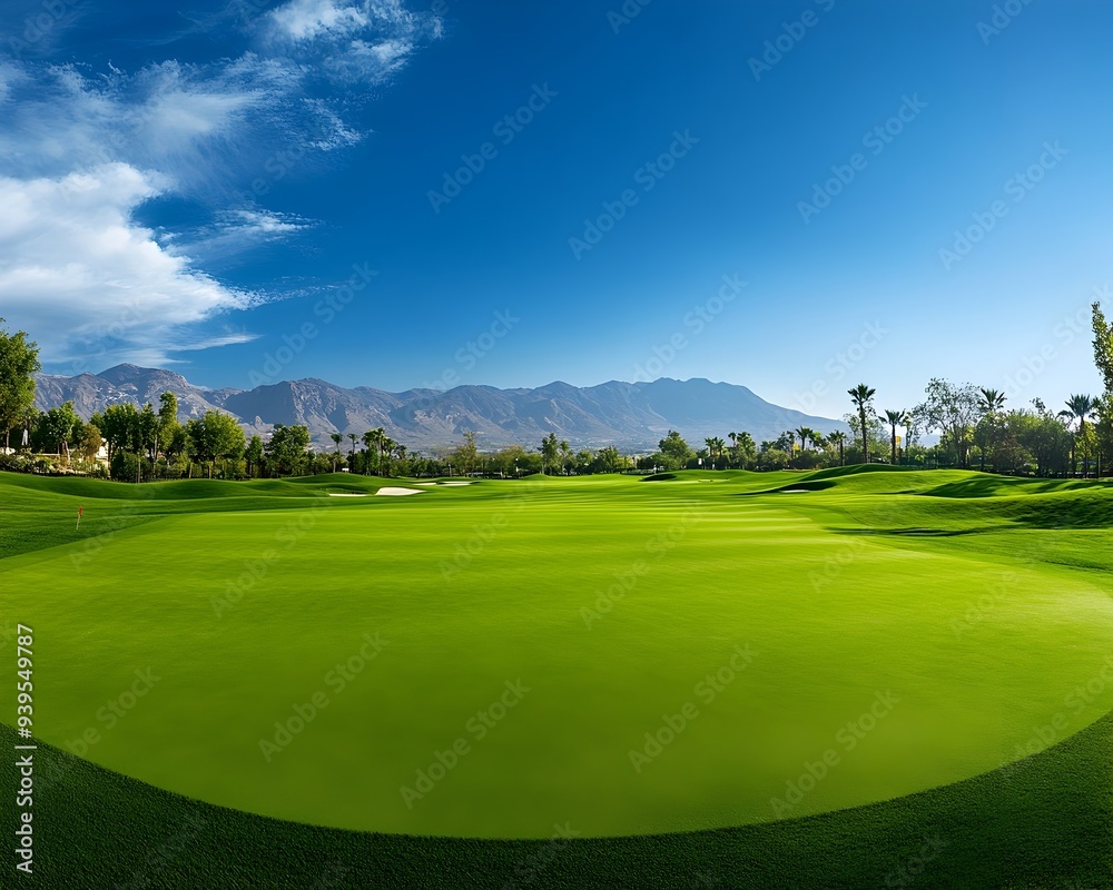 Breathtaking Golf Course Landscape with Majestic Mountains in the Background Breathtaking Golf Course Landscape with Majestic Mountains in the Background