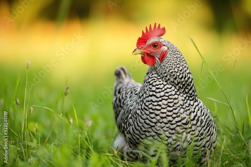 Barred Rock Chicken: Hen in Rural Green Grass, Selective Focus