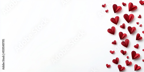 Red paper hearts scattered on a white background, leaving space for text.