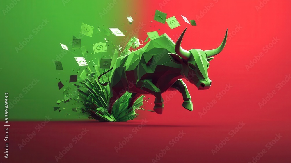 Fototapeta premium Bullish growth in trading visualized with a powerful bull leading a surge of green financial symbols, concept of market expansion, hyper-realistic, dynamic composition