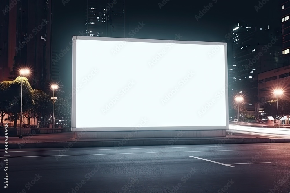 Large blank billboard on a highway at night, offering a perfect canvas for advertising in a serene nocturnal setting Large blank billboard on a highway at night, offering a perfect canvas for advertising in a serene nocturnal setting