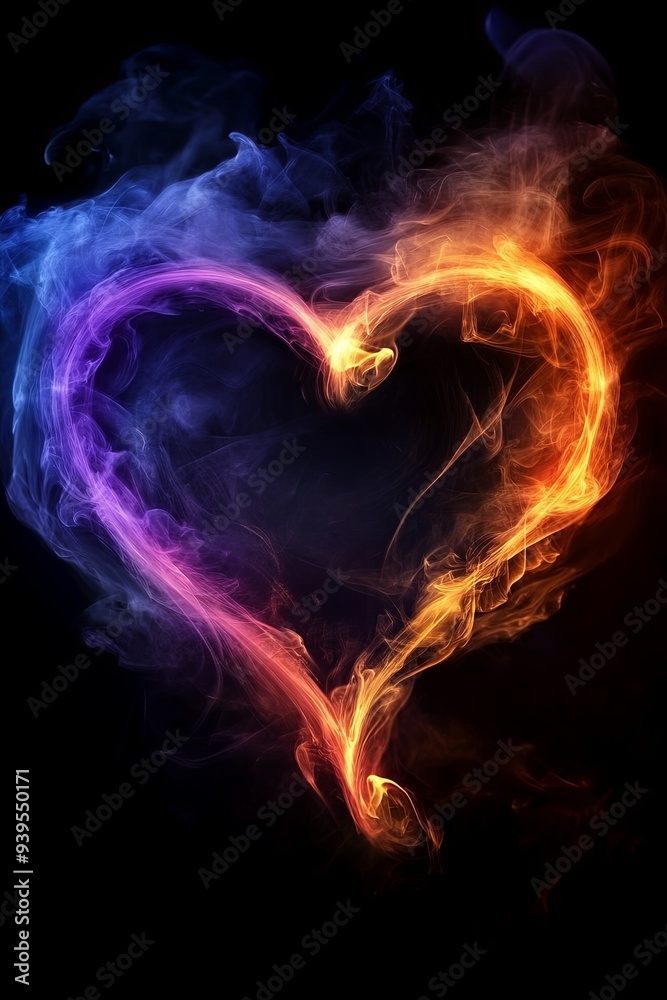 Fototapeta premium A heart-shaped cloud of blue, purple, and orange smoke against a black background.