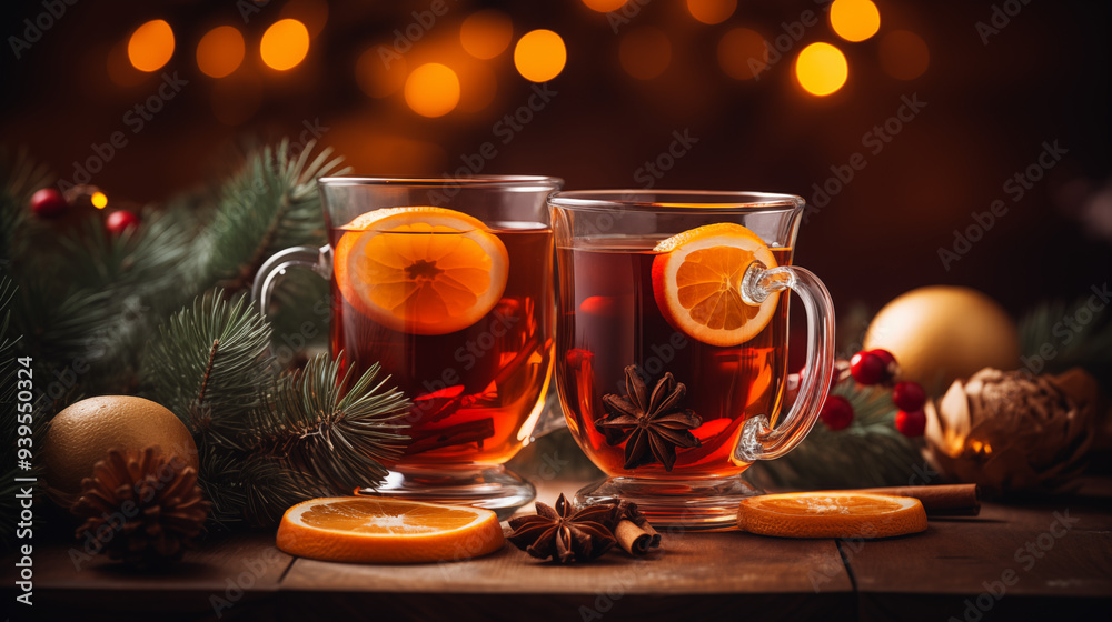 Christmas Mulled Wine With Spices And Citrus In Glasses With Festive Pine Garland Christmas Mulled Wine With Spices And Citrus In Glasses With Festive Pine Garland