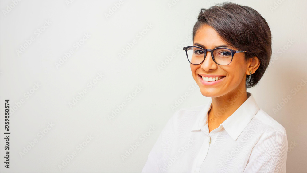 Portrait of an Arab female business professional with short hair and glasses, against a white wall Portrait of an Arab female business professional with short hair and glasses, against a white wall
