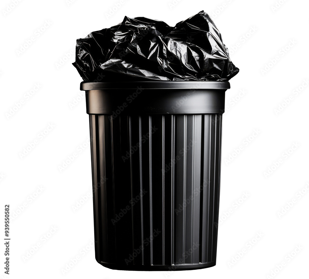 Black Trash Can with Bag: A close-up shot of a black trash can with a ...