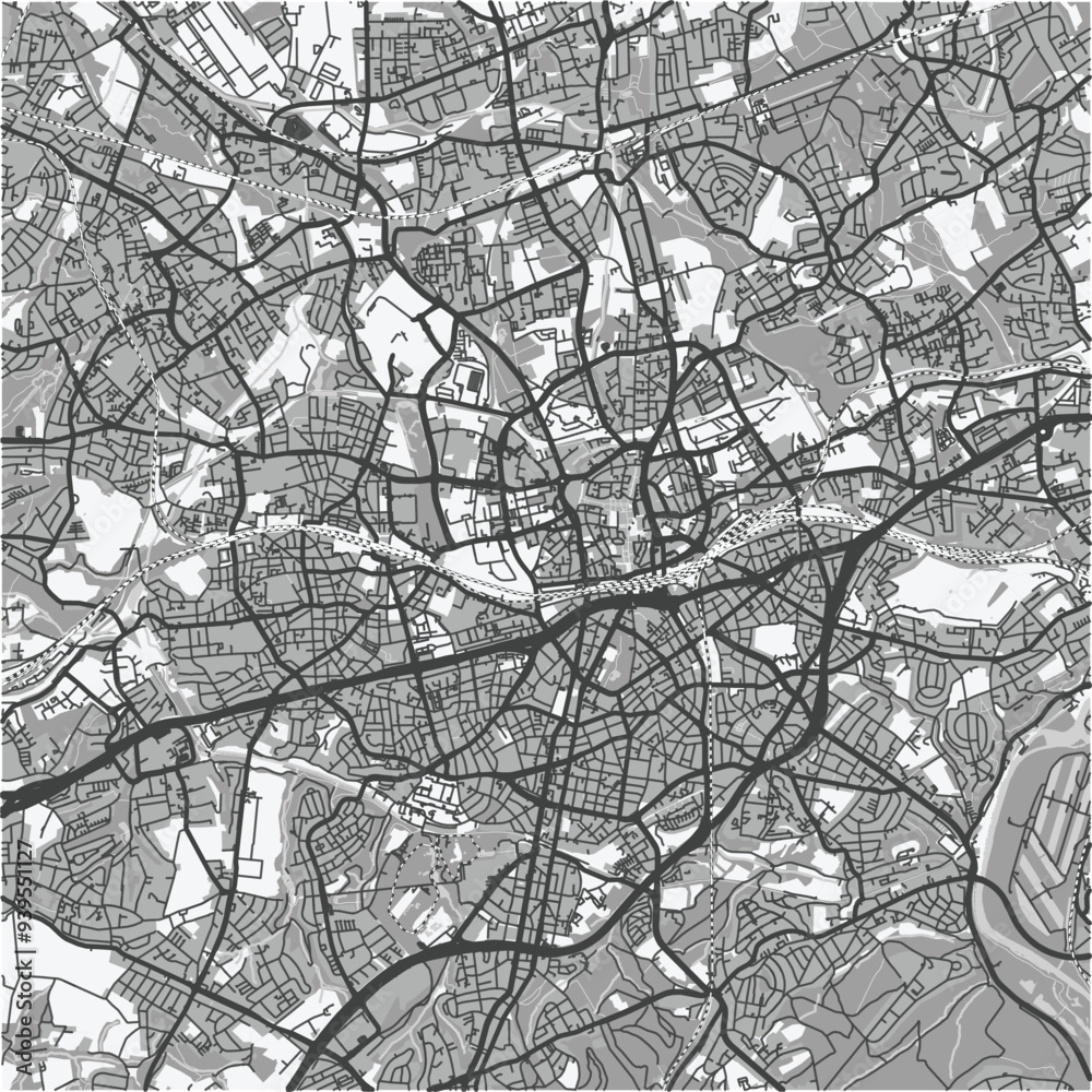 Obraz premium Map of Essen in Germany in grayscale. Contains layered vector with roads water, parks, etc.