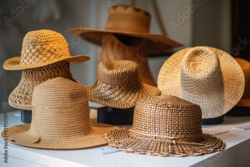 Woven straw panama hats are displayed on a white table for sale at a market stall