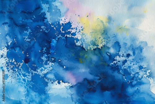 This serene watercolor painting with deep blue hues resembles the calmness and vastness of an oceanic landscape. photo