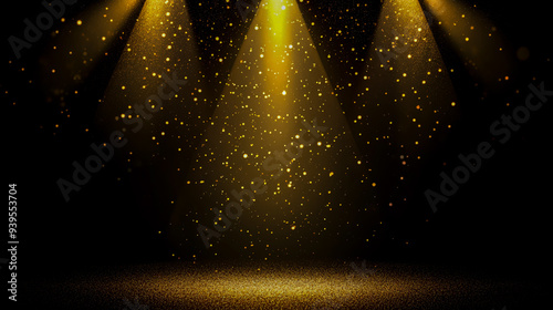 A golden, glittery spotlight shines down on an empty stage photo