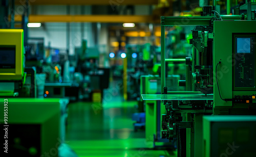 A green light floods the industrial factory floor, highlighting plastic parts and machinery.