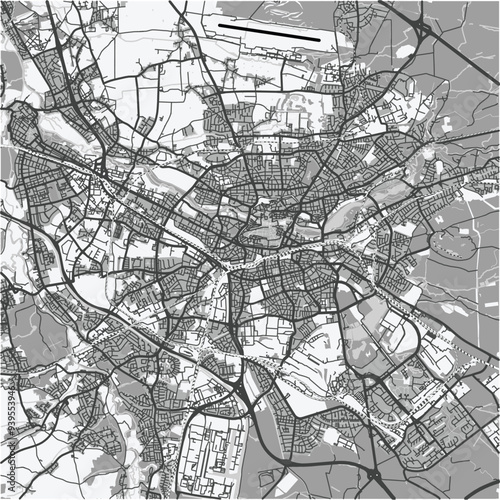 Map of Nuremberg in Germany in grayscale. Contains layered vector with roads water, parks, etc.