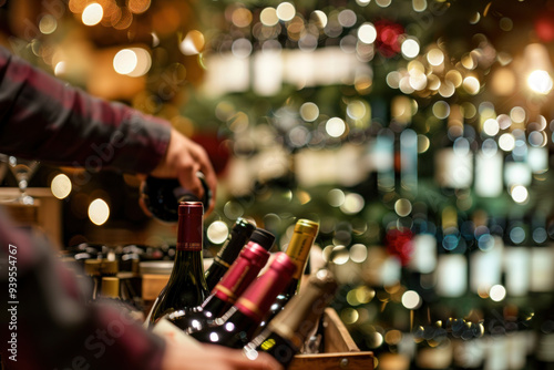 Shopper choosing wine bottles from a festive display near a beautifully decorated Christmas tree.