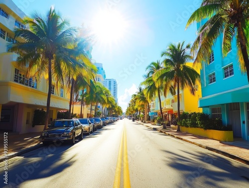 Scenic View ofTropical Palm Tree Lined RoadMiami Beach at Sunset photo