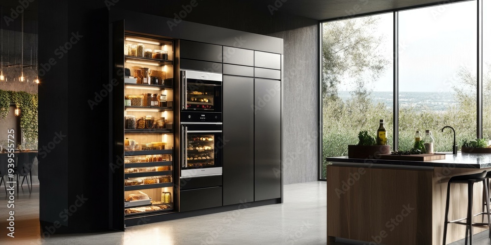 Modern kitchen with black cabinets and a window view.