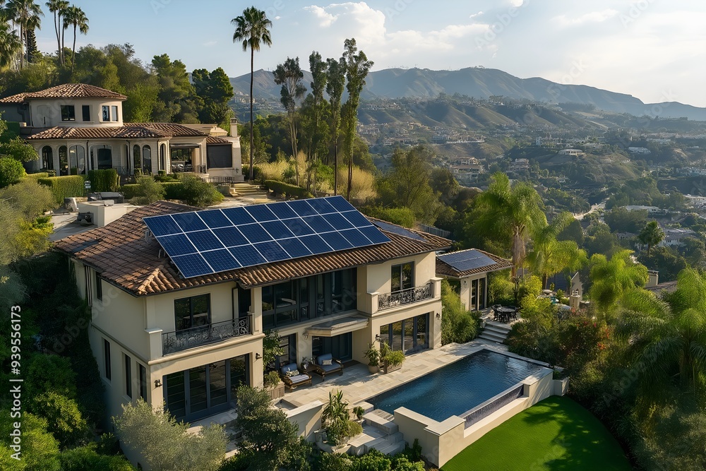 Modern Solar Panels Installed On A Luxury Los Angeles Home Under Clear Blue Sunny Sky, Solar Photography, Solar Powered Clean Energy, Sustainable Resources, Electricity Source Modern Solar Panels Installed On A Luxury Los Angeles Home Under Clear Blue Sunny Sky, Solar Photography, Solar Powered Clean Energy, Sustainable Resources, Electricity Source