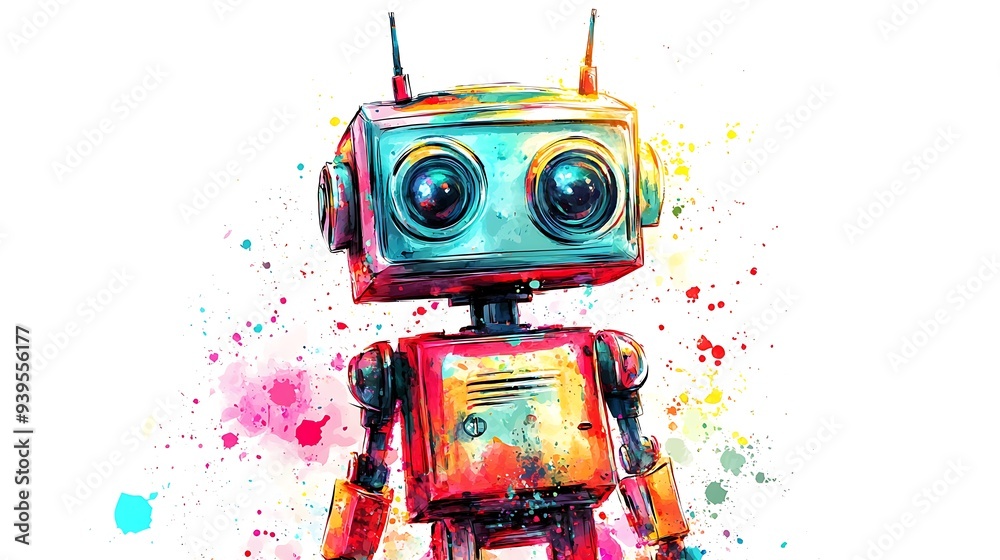 Whimsical Watercolor Robot in Vibrant Metallic Hues on White Background Whimsical Watercolor Robot in Vibrant Metallic Hues on White Background