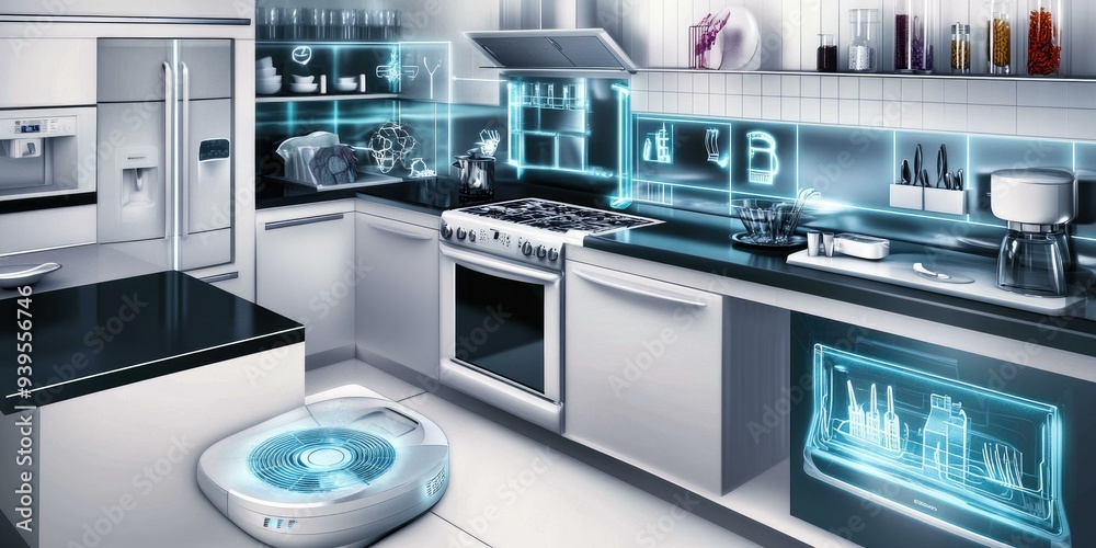 Modern white kitchen with futuristic appliances. Modern white kitchen with futuristic appliances.