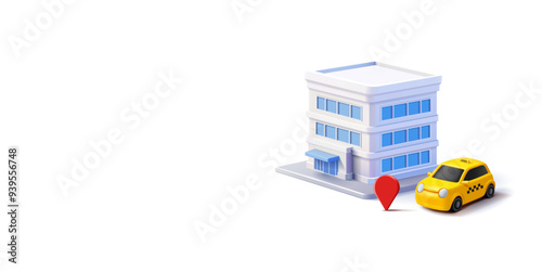 Taxi, office building, location icon, 3D. For the concepts of fast and comfortable taxi services, ordering and booking a taxi. Vector
