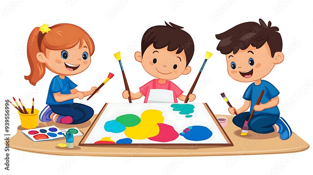 Creative Kids Painting Together - Colorful Clip Art Illustration of Three Happy Children Having Fun with Painting Tools on White Background Creative Kids Painting Together - Colorful Clip Art Illustration of Three Happy Children Having Fun with Painting Tools on White Background