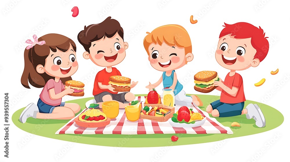 Happy Cartoon Kids Picnic Party on White Background - Joyful Children Enjoying Sandwiches and Fruits Outdoors, Clip Art Style Happy Cartoon Kids Picnic Party on White Background - Joyful Children Enjoying Sandwiches and Fruits Outdoors, Clip Art Style