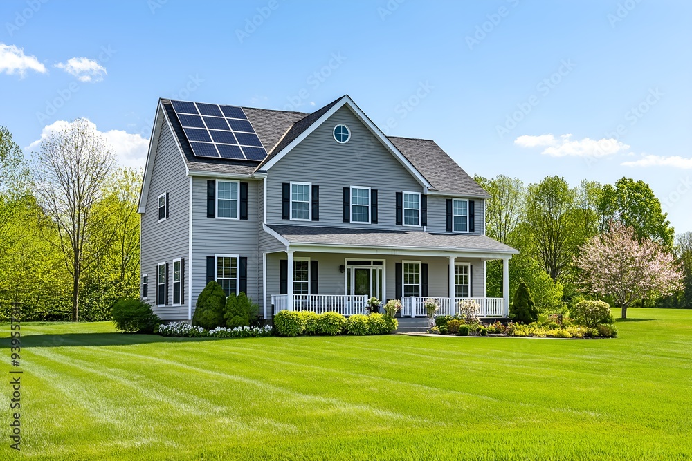 Modern Solar Panels Installed On A New Jersey Home Under Clear Blue Sunny Sky, Solar Photography, Solar Powered Clean Energy, Sustainable Resources, Electricity Source Modern Solar Panels Installed On A New Jersey Home Under Clear Blue Sunny Sky, Solar Photography, Solar Powered Clean Energy, Sustainable Resources, Electricity Source