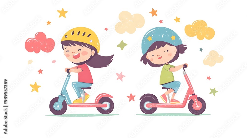 Joyful Kids on Scooters in a Whimsical Sky - Cartoon Children Enjoying a Playful Ride Surrounded by Clouds and Stars in a Fun Clip Art Style Joyful Kids on Scooters in a Whimsical Sky - Cartoon Children Enjoying a Playful Ride Surrounded by Clouds and Stars in a Fun Clip Art Style