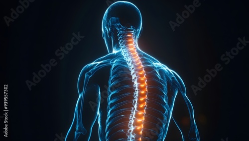 A detailed digital illustration showcasing the human skeleton with an emphasis on the spinal column. The glowing spine highlights anatomy and healthcare concepts.