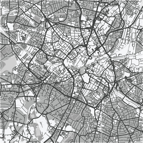 Map of Birmingham in United Kingdom in grayscale. Contains layered vector with roads water, parks, etc.