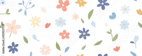 Seamless pattern with pastel flowers and leaves on white background.