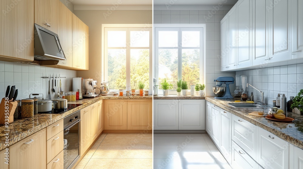 Fototapeta premium This kitchen transformation highlights a stunning renovation featuring bright cabinetry, natural light streaming through large windows, and a stylish yet functional layout