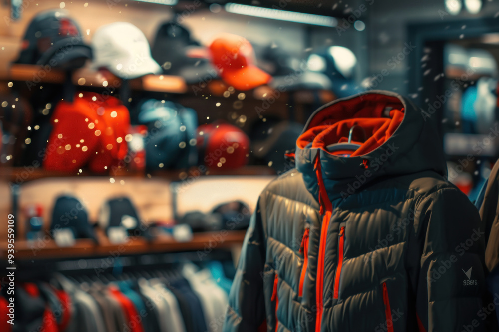 Fototapeta premium Winter fashion display in a store window, showcasing colorful jackets amid festive, twinkling holiday lights