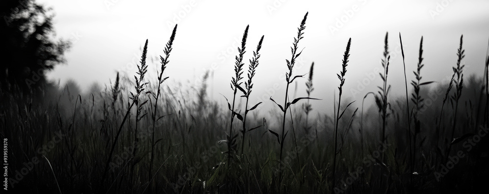 The silhouettes of tall grasses and wildflowers at the forest's edge, capturing the subtle beauty of nature in monochrome. The silhouettes of tall grasses and wildflowers at the forest's edge, capturing the subtle beauty of nature in monochrome.