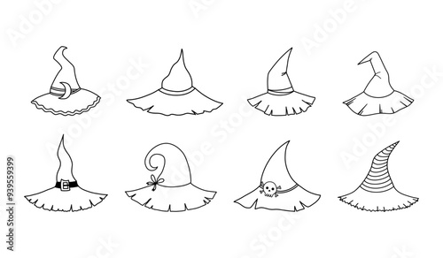 Collection vector hand drawn witch hat line. Doodle icons of witch hats for Halloween and Christmas.
