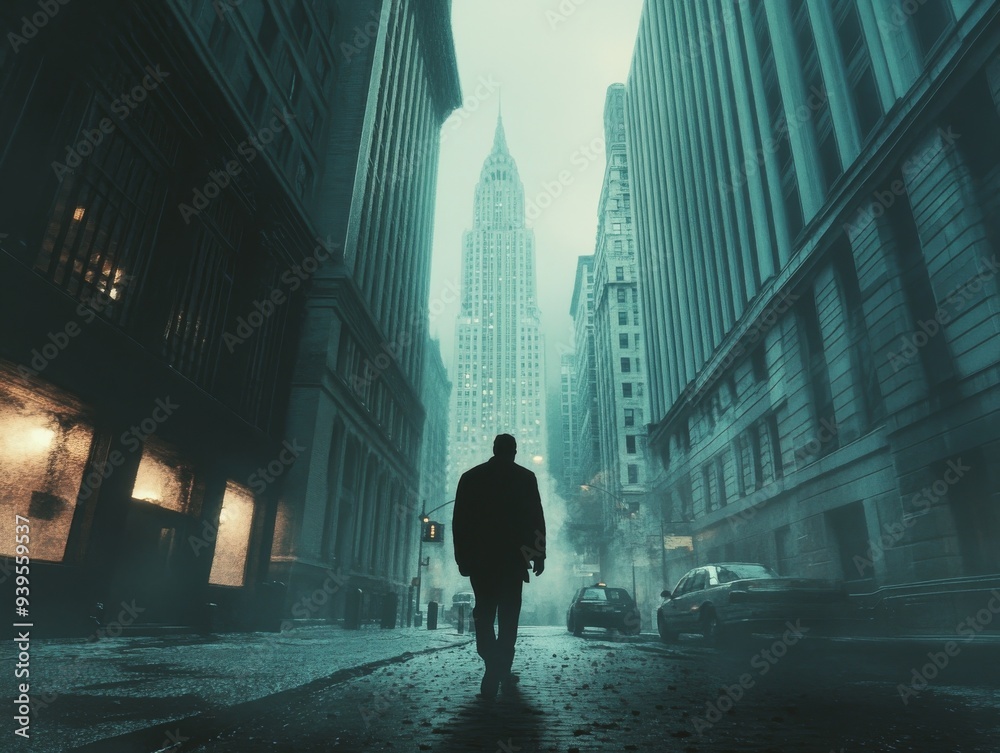 Obraz premium A Solitary Figure Navigating an Abandoned Financial District in the Desert