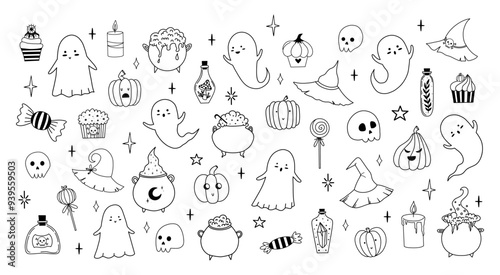 Big vector set of Halloween in hand drawn style. Doodle cute illustration with traditional Halloween elements. Isolated elements on white background. Ghosts, cupcake, flask, poison, cauldron, pumpkin.
